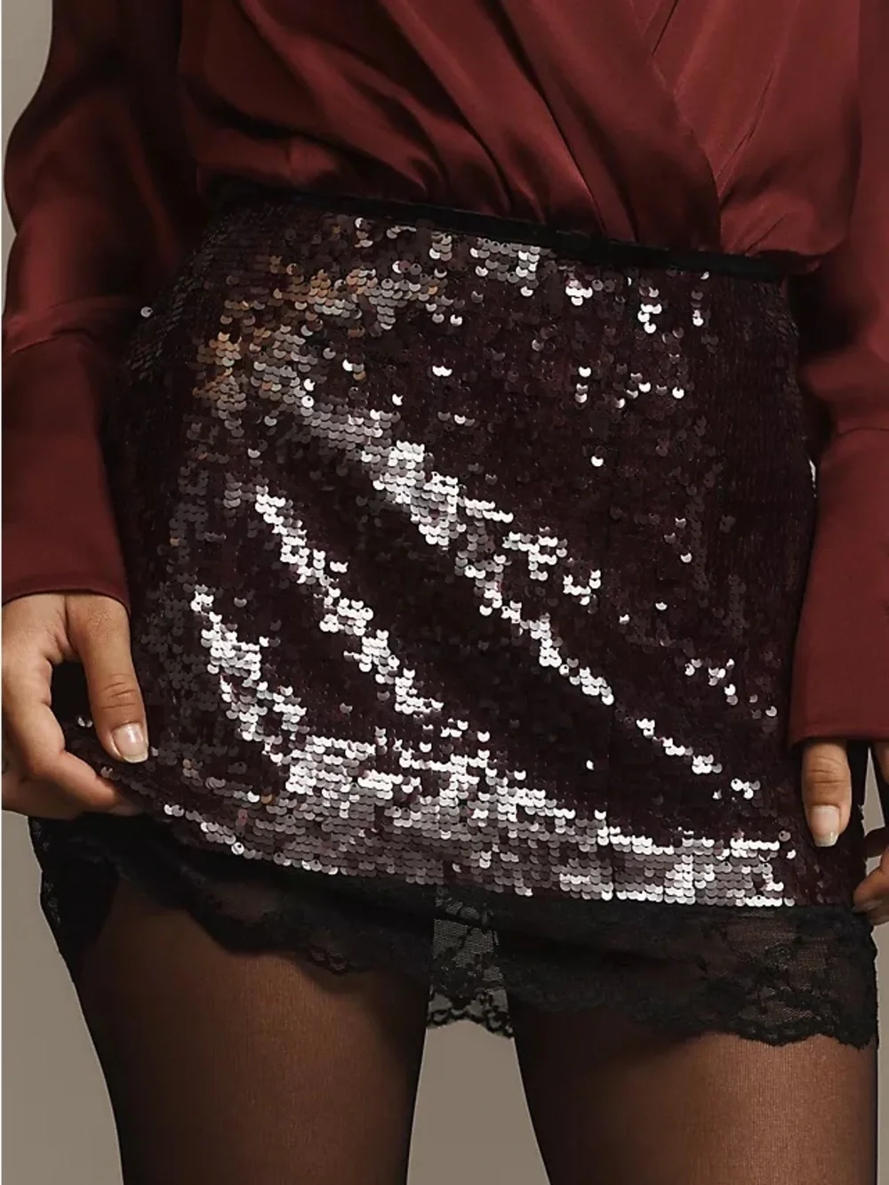 By Anthropologie Maroon Sequin Mini Skirt with Black Lace Trim Stretchy NWT